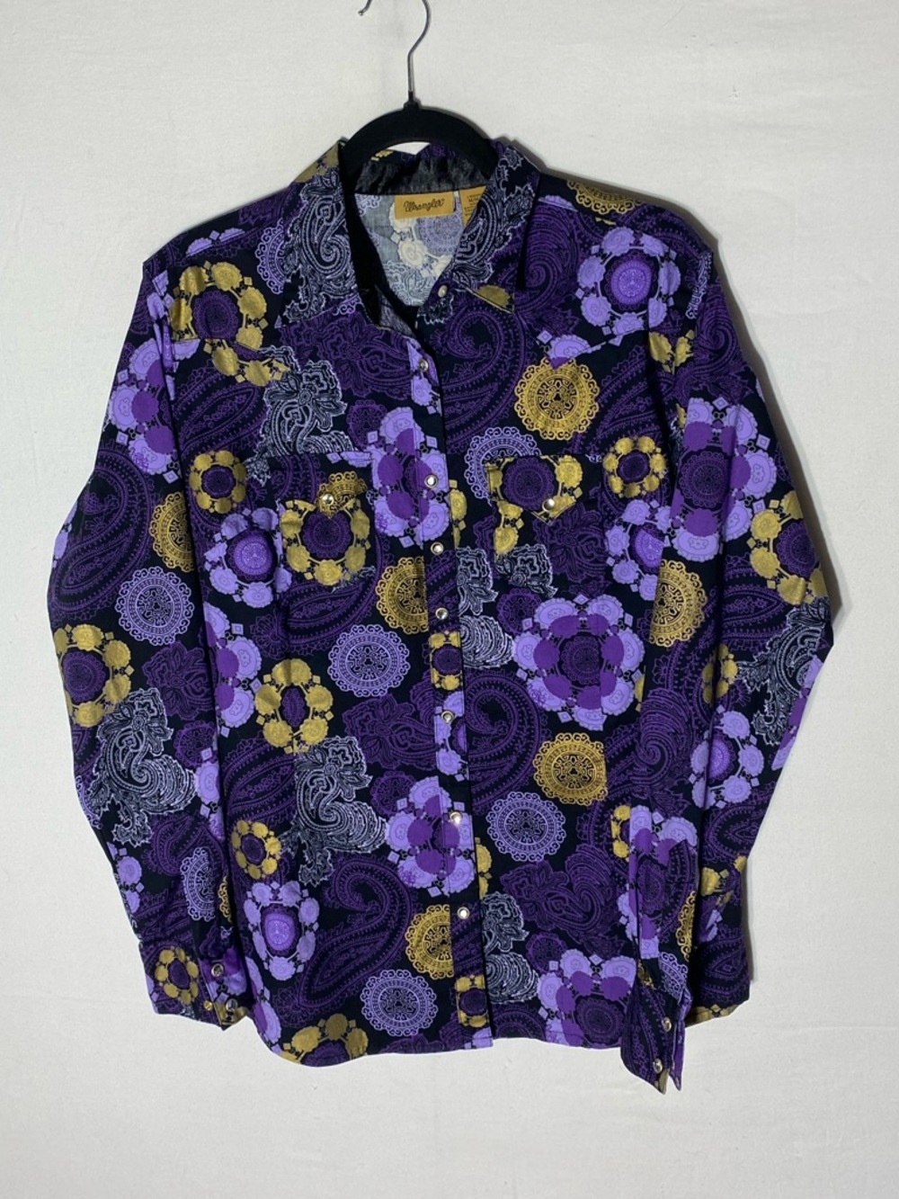 Vintage 90s Y2K Wrangler Purple Paisley Print Pearl Snap Western Shirt M